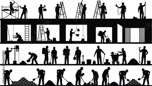 Construction workers silhouette set, builders working on building site with tools ladders and scaffolding vector illustration isolated background