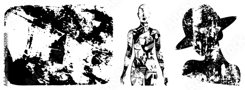 Three stylized human forms in, fragmented by geometric shapes, textured with splatter and grain effects, vector art style.