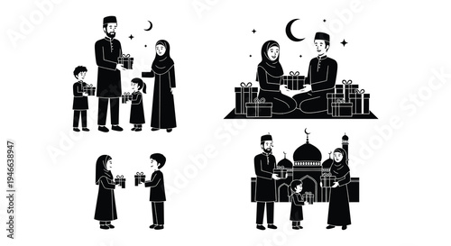 Black silhouettes of muslim families exchanging gifts together