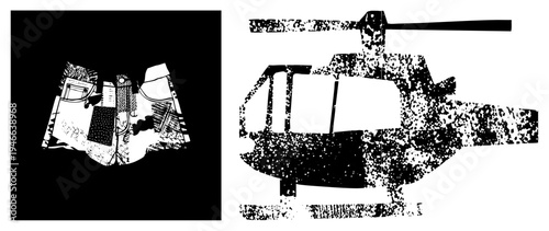 Stylized helicopter and tech device rendered in halftone dot, graphic vector art, isolated foreground elements, design.