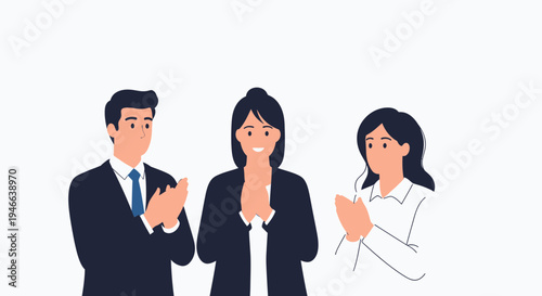 Diverse business team applauding and smiling, celebrating success in a professional setting.