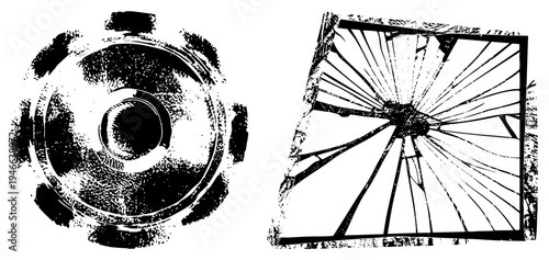 Shattered glass window with radial fractures, circular mechanical gear with gritty texture, halftone style, industrial and abstract vector design elements.