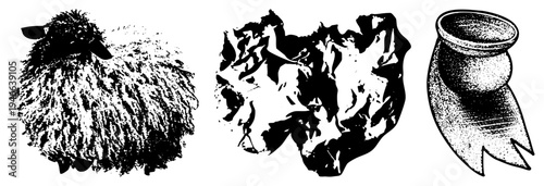 Black and white halftone illustrations of sheep, crumpled paper, and rustic ceramic pot, stylized vector graphics, isolated foreground elements.