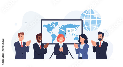 Business team applauding in front of world map presentation, global success concept