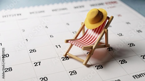 Miniature striped beach chair with a tiny yellow hat sits on a calendar page, symbolizing vacation.
