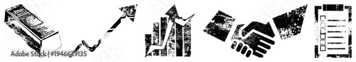 business symbols including gold bar, upward arrow, growth chart, handshake, and document, rendered in distressed texture for corporate or financial themes.