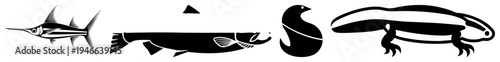 Black and white vector illustrations of swordfish, gar fish, seahorse, and axolotl, rendered with bold and minimal detail, isolated against transparent background.