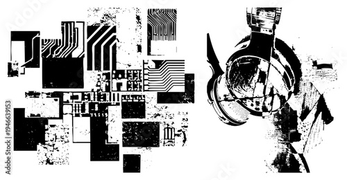 Stylized digital electronics collage with circuit and headphone silhouette, glitch art aesthetic, tech vector design, black and white halftone texture.