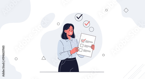 Woman holding checklist with checkmarks, task completion, planning, and organization concept