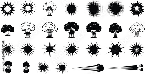 Explosion blast icon set, bomb detonation smoke cloud and starburst effects collection, comic impact symbols vector isolated background