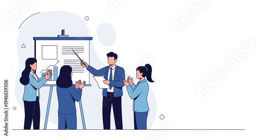 Business meeting presentation with team clapping and pointing at whiteboard