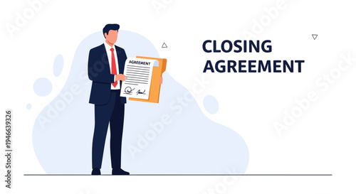 Businessman holding a closing agreement document with signature, ready for signing.