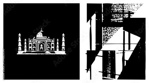 White silhouette of Taj Mahal with distressed texture, paired with abstract black and white geometric shapes, halftone grain, vector art, isolated design, architectural landmark, India heritage.