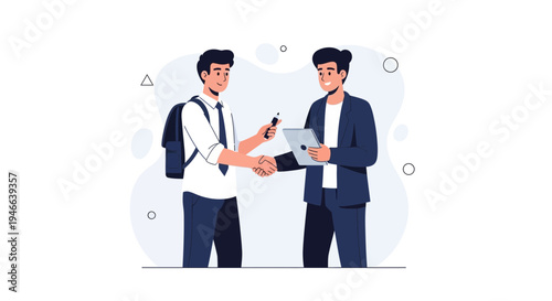 Businessmen shaking hands, one with backpack, agreeing on a deal with tablet
