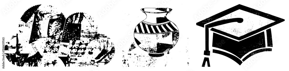 Fototapeta premium Antique vessel featuring bold stripes and dotted accents, handcrafted ceramic decor, rustic vintage style, artistic home accent.