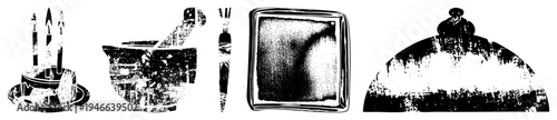 Distressed black and white vector of candle holder, mortar pestle, knife, cake plate, and cloche rustic culinary tools with gritty texture and halftone grain.