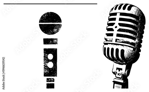 Retro style microphone with ribbed grille and classic stand, paired with minimalist, vector art, equipment symbols.