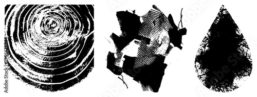 Geometric halftone swirl, fragmented organic form, teardrop silhouette all vector graphics with alpha channel. Minimalist black and white designs for digital use.