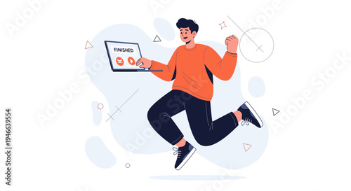 Man jumping with joy holding laptop, celebrating task completion, success, achievement