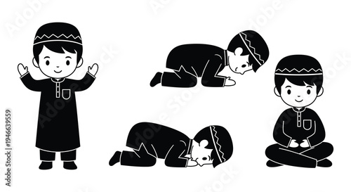 Muslim boys demonstrating various prayer positions in black and white