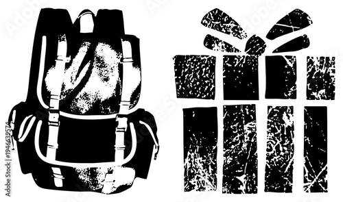 Adventure backpack with straps and pockets, gift box with ribbon bow, halftone style, outdoor gear, present symbol, rugged texture, travel essentials.