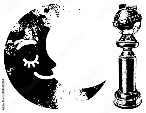 Cartoon moon with eyelashes and smile, award statue, symbol, film industry, black and white vector art, stylized night scene.