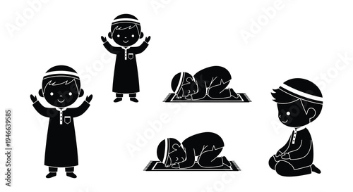 Muslim boys demonstrating various prayer positions in black and white