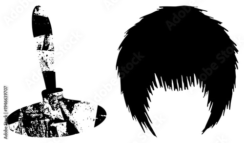 Black and white distressed knife and textured bob haircut silhouette, graphic design elements, isolated vector art, stylized cutouts, artistic shapes.