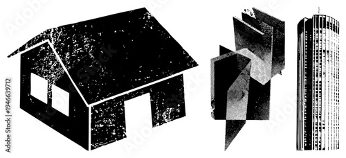 Vector house, abstract skyscraper, geometric architecture, urban design, shapes, graphic illustration, architectural symbols.