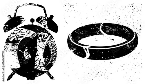 Retro alarm clock with bells and winding key, ashtray with cigarette notch, distressed black and white vector, grunge style, isolated for design.