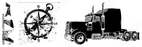 Nautical compass with cardinal points, distressed texture, truck cab silhouette, road transport, navigation tool, vehicle graphic.