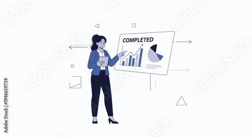 Businesswoman presenting completed project with growth charts and pie chart.