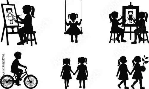 Children activity silhouette set, kids playing drawing cycling swinging and walking vector illustration collection isolated on light background