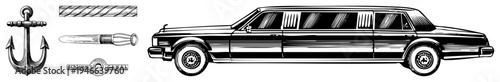 Vintage limousine vehicle with elongated body,, and side windows anchor and canal tools shown as isolated vector elements, engraved style, black and white art.