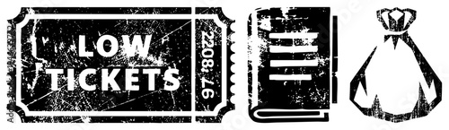Worn ticket stub labeled "LOW TICKETS", grungy book, sack of coins, vector set, distressed texture, retro graphic elements.