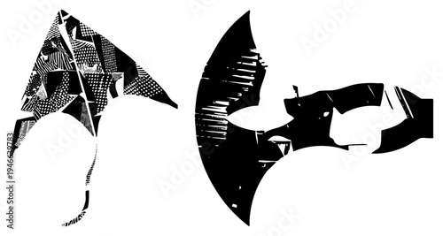 Stylized bat and ray silhouettes rendered in bold black with halftone textures, graphic design elements, vector art, isolated shapes, artistic forms.