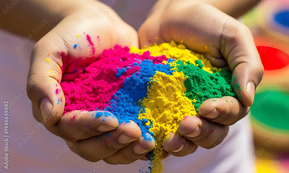 © AyeshaPattern - A Handful of Joy  Holi Celebrating the Festival of Colors pink, blue, yellow, green, JPG