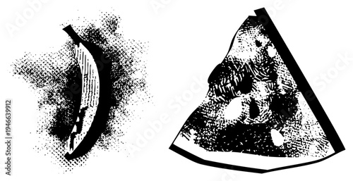 Black and white halftone banana peel and watermelon slice, stylized food graphic, isolated fruit, vector art, dietary illustration.