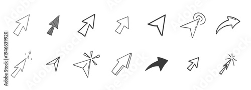 Arrow click icon. Mouse cursor arrow doodle hand drawn sketch icon set, pointer press here tap button. Scribble action type ui interface design element 