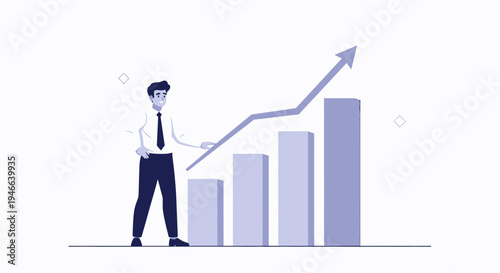 Businessman analyzing upward trending bar chart with arrow, symbolizing growth and success