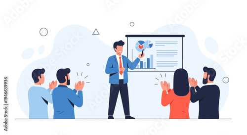 Business Presentation Success: Speaker applauded by diverse team in office meeting