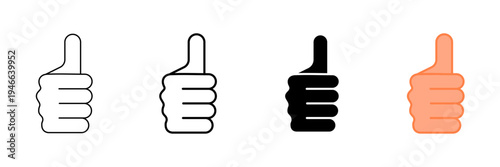 Set of minimalist thumbs up icons with transparent background, depicting positive feedback, approval symbols, and social media likes for web design, vector illustration