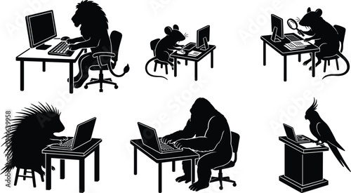 Funny animals working on computer silhouettes, lion mouse rat porcupine gorilla parrot typing laptop at desk office vector illustration set