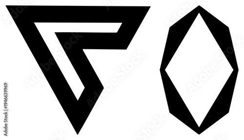 Two stylized polygonal forms, angular and minimalist, rendered in high contrast black, modern graphic elements, vector art, abstract composition.