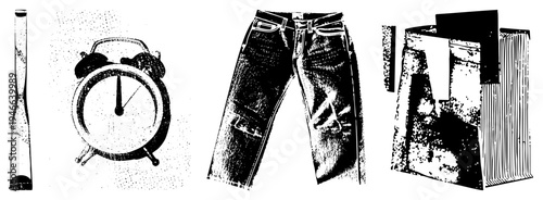 Classic alarm clock with bells, wooden baseball bat, distressed denim jeans, stacked books with spine detail all halftone vector for design use.