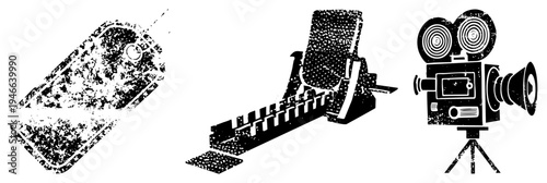 Classic movie camera, film projector, and film reel rendered in gritty halftone, retro cinema tools, film production gear, analog filmmaking symbols.