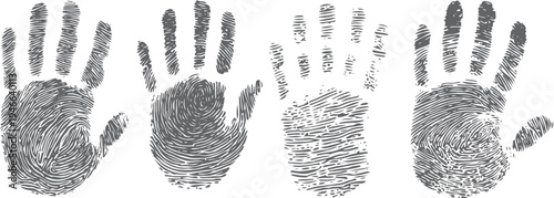 Four grey handprints with distinct fingerprint patterns