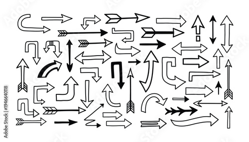 Hand drawn arrow collection with various shapes and styles including curved straight pointed and double headed pointers for graphic design presentations and creative projects illustration