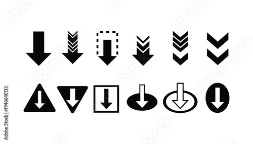 Set of black arrows pointing down in various styles including solid, chevron, dotted outline, and within different shapes like triangle, square, oval, and filled oval