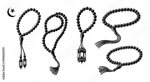 Four black islamic prayer beads tasbih and misbaha displayed together